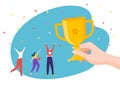 Hand hold champion golden cup, cheerful tiny character group together happy to win flat vector illustration, isolated on