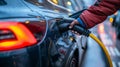 Hand hold of charging modern electric car battery on the street which are the future of the Automobile, Close up of Royalty Free Stock Photo