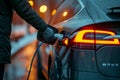 Hand hold of charging modern electric car battery on the street which are the future of the Automobile, Close up of power supply Royalty Free Stock Photo