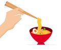 Hand hold chopsticks with delicious noodle in red bowl.Vector illustration.Tasty noodle wit soup.Asia traditional meal.Ramen with