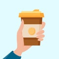 Hand hold cup of coffee. Beverage in disposable cup takeaway. Flat cartoon