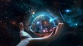 hand hold earth globe cosmic univerce starry flares planet concept