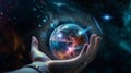 hand hold earth globe cosmic univerce starry flares planet concept