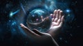 hand hold earth globe cosmic univerce starry flares planet concept