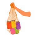 Hand hold eco bag. People bring own bag for grocery. Reusable plastic free pack with food.