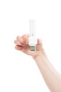 Hand hold energy light bulb fluorescent lamp Royalty Free Stock Photo