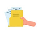 Hand hold file. Yellow folder with documents. Paper pages. Royalty Free Stock Photo