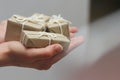 Hand hold the gift box. Present wrapped in craft paper and satin ribbon. Small parcel in a girls hands. Christmas time. Royalty Free Stock Photo