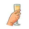 Hand hold glass champagne. Vector color flat illustration