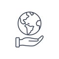 Hand hold globe world line icon. Earth help logo planet protect concept vector global ecology Royalty Free Stock Photo