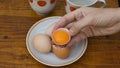 Hand hold half of eggshell with separate raw egg yolk Royalty Free Stock Photo