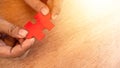 Hand holding a red color puzzle jigsaw. concept of missing a key success Royalty Free Stock Photo