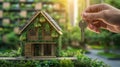 Hand Hold Key with Miniature House Model on a Tree Stump, Eco-Friendly House with Solar Panels and Lush Greenery on its Walls Royalty Free Stock Photo