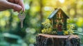 Hand Hold Key with Miniature House Model on a Tree Stump, Eco-Friendly House with Solar Panels and Lush Greenery on its Walls Royalty Free Stock Photo