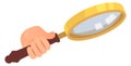 Hand hold magnifying glass. Clue search icon