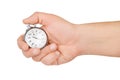 Hand hold mechanical analog stopwatch on white