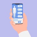 Hand hold medical smartphone apps with human body data reports analysis data with flat style