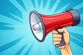 hand hold megaphone on blue background AI generated