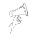 Hand hold megaphone Line art vector illustration. Marketing concept.loudspeaker with lightning.Symbols Speaker Royalty Free Stock Photo