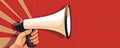 hand hold megaphone on red background AI generated Royalty Free Stock Photo