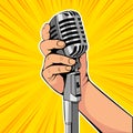 Hand hold microphone cartoon vector illustration. Retro poster comimc book performance.