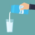 Hand hold milk box and pour milk into glass vector flat