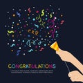Hand hold Party Popper and congratulations colorful text vector design Royalty Free Stock Photo
