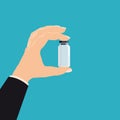 Hand hold pharmacy bottle glass medicine. Template banner vector illustration isolated cartoon flat style