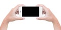 Hand hold phone isolated on white with clipping path Royalty Free Stock Photo