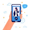 Hand hold phone. Video call illustration. Vector smartphone call. Girl selfie, woman with phone