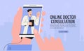 Hand hold phone with video call to family doctor through the application on the smartphone. Online medical advice or consultation