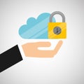 Hand hold protected concept padlock cloud technology
