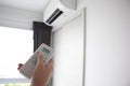 Hand hold remote control directed on the air conditioner