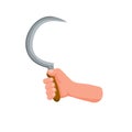 Hand hold sickle. Farmer tool for harvesting crops. Flat cartoon illustration.