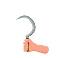 Hand hold sickle. Farmer tool for harvesting crops. Flat cartoon illustration