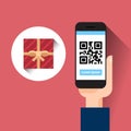 Hand Hold Smart Phone Scanning Qr Code With Gift Box Message