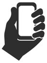 Hand hold smartphone black icon. Mobile device sign