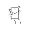 Hand hold smartphone, email send, new message notification line icon. Phone message outline icon. Isolated Royalty Free Stock Photo