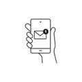 Hand hold smartphone, email send, new message notification line icon. Phone message outline icon. Isolated Royalty Free Stock Photo