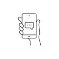 Hand hold smartphone, email send, new message notification line icon. Phone message outline icon. Isolated Royalty Free Stock Photo