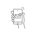 Hand hold smartphone, email send, new message notification line icon. Phone message outline icon. Isolated Royalty Free Stock Photo