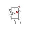 Hand hold smartphone, heart email send, new love message line icon. Phone message outline icon. Isolated vector Royalty Free Stock Photo