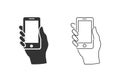 Hand hold the smartphone line icon set. Vector