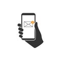 Hand hold smartphone, new message Icon. Flat design. Vector illustration Royalty Free Stock Photo