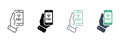 Hand Hold Smartphone for Payment Money Line and Silhouette Icon Set. Banking Service in Cellphone Pictogram. Contactless