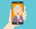 Hand hold smartphone video call with grandparents