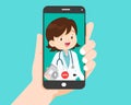 Hand hold smartphone video call with smart doctor woman