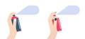 Hand hold spray paint can vector icon set graphics illustration, man woman holding perfume deodorant cartoon bottle, cleaner