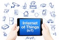 Hand hold tablet with Internet of things (IoT) word on screen wi Royalty Free Stock Photo