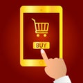 Hand hold tablet and pointing to the screen, shop online store on the smartphone Royalty Free Stock Photo